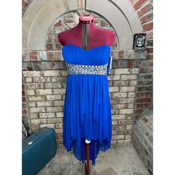 formal dress prom strapless jeweled waist sheer layers royal blue - Picture 1 of 13